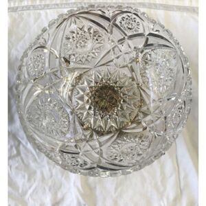 Vintage Bowl Pressed  Clear Glass Starburst Gold Trim Metal Base